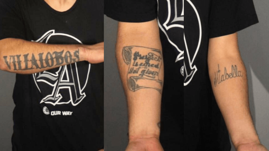 Efrain Villalobos has multiple tattoos including his last name “Villalobos” on his right forearm, the phrase, “Respect is earned not given” on the inner part of his right arm and the name “Miabella” on his left inner arm. (Los Angeles Police Department)