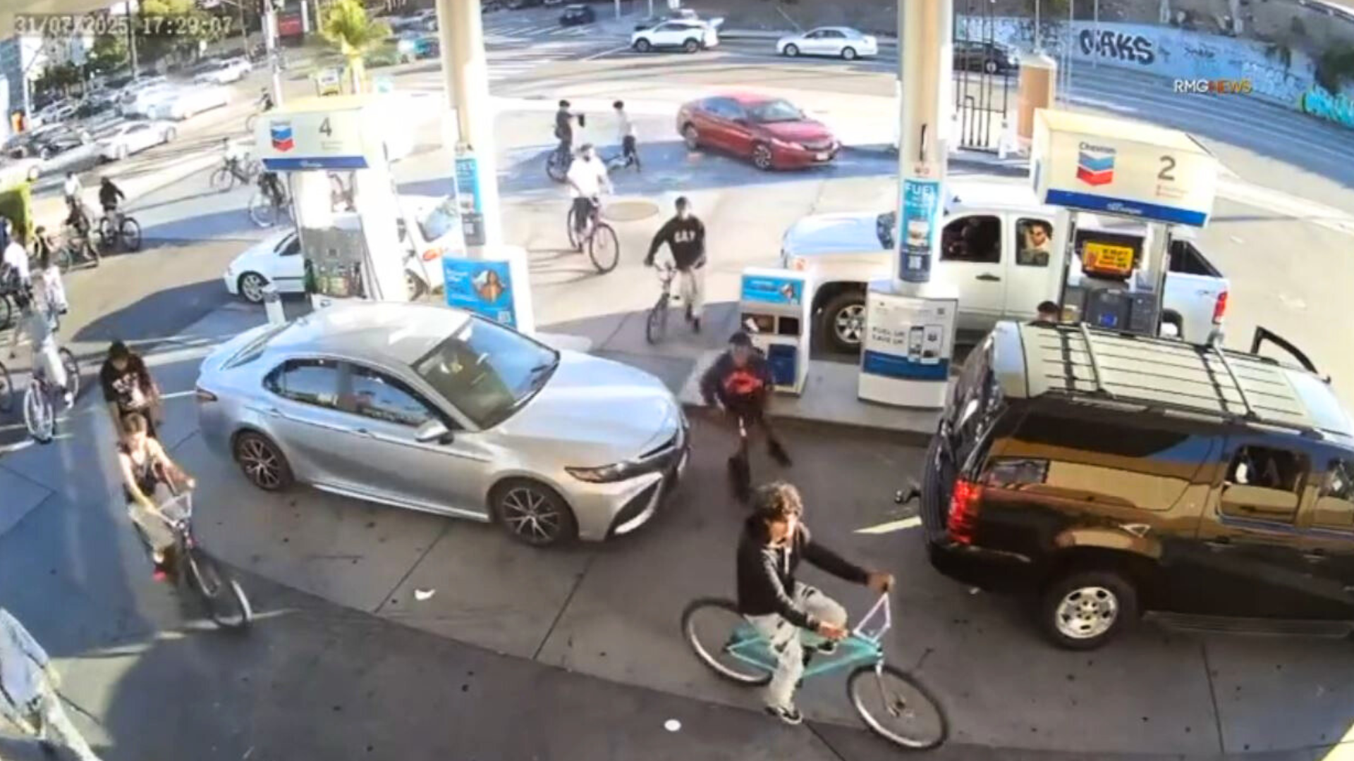 Surveillance video captured a mob of bicyclists ransacking a Chevron gas station convenience store in L.A.’s Lincoln Heights neighborhood on July 31, 2025. (RMG)