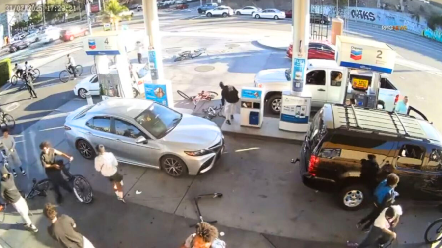 Surveillance video captured a mob of bicyclists ransacking a Chevron gas station convenience store in L.A.’s Lincoln Heights neighborhood on July 31, 2025. (RMG)
