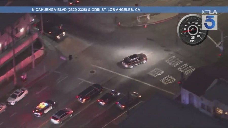A male suspect in a stolen SUV led officers on a high-speed chase through several L.A. cities on Aug. 12, 2025. (KTLA)