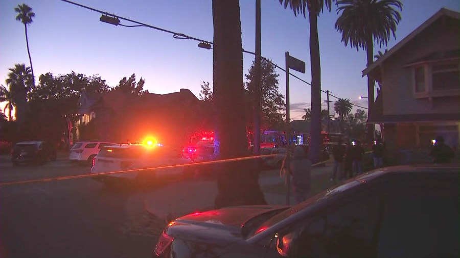 A suspect was taken into custody after an hours-long SWAT standoff following a deadly shooting in the Jefferson Park neighborhood of South Los Angeles on Aug. 23, 2025. (KTLA)