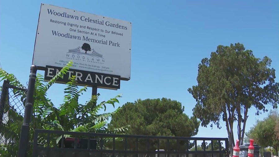 Thieves are continually targeting Woodlawn Cemetery in Compton by stealing and destroying headstones. (KTLA)