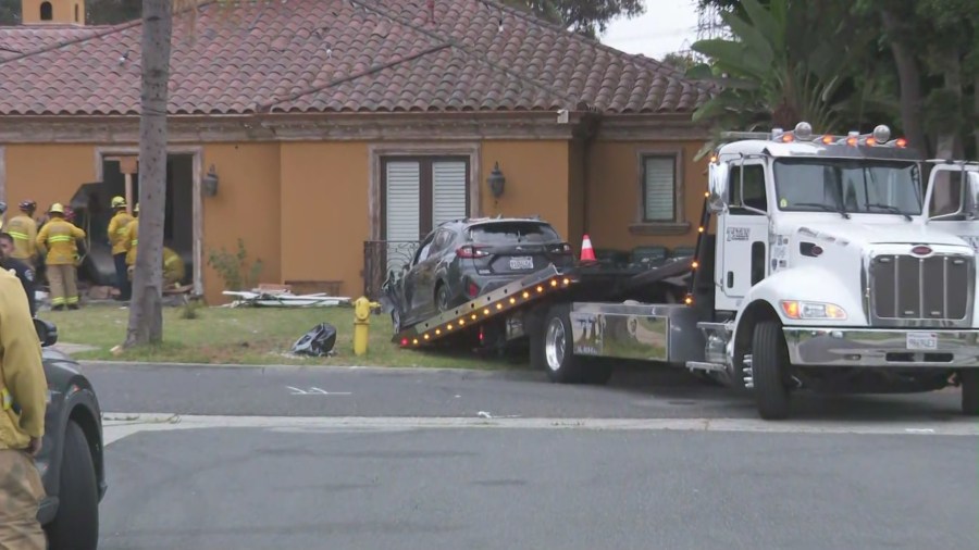 Elderly resident dead, another hurt after impaired driver slams into Downey home. Aug. 16, 2025. (KTLA)