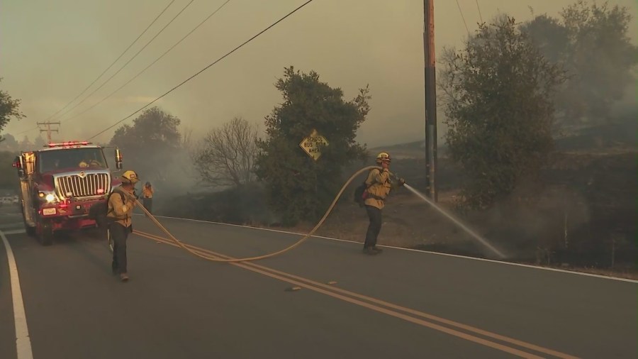 Evacuation orders were issued near Piru in Ventura County due to a fast-moving brush fire on Aug. 7, 2025. (KTLA)