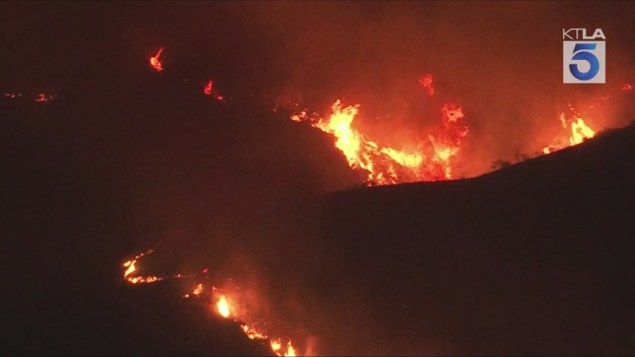 Evacuation orders were issued near Piru in Ventura County due to a fast-moving brush fire on Aug. 7, 2025. (KTLA)
