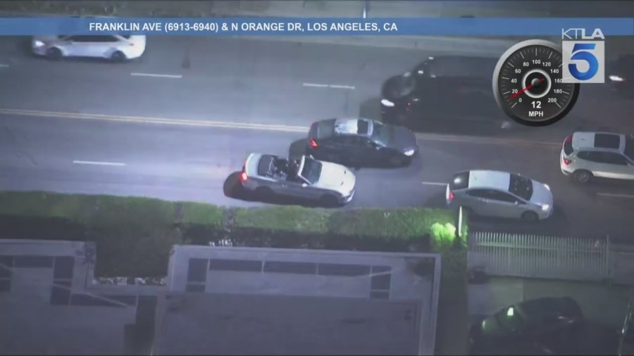 A suspect who led officers on a high-speed chase in a stolen car was arrested after crashing in Los Angeles on Aug. 15, 2025. (KTLA)