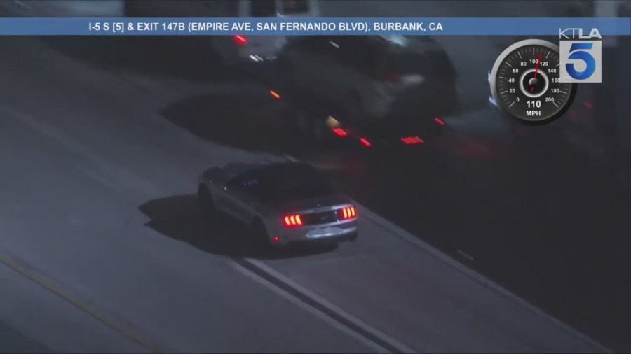 A suspect who led officers on a high-speed chase in a stolen car was arrested after crashing in Los Angeles on Aug. 15, 2025. (KTLA)