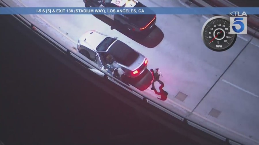 A suspect who led officers on a high-speed chase in a stolen car was arrested after crashing in Los Angeles on Aug. 15, 2025. (KTLA)