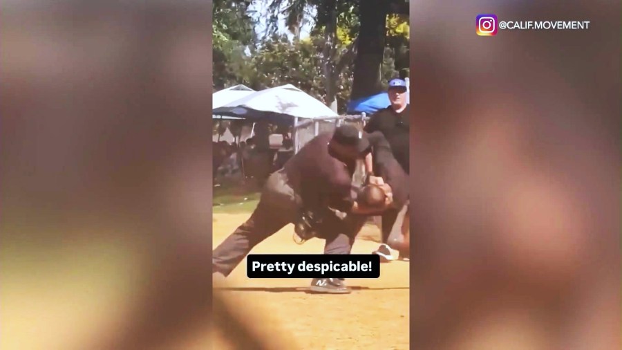 A violent brawl broke out between an umpire and an assistant coach during a youth baseball game in Rosemead as children and families were watching on Aug. 24, 2025. (@calif.movement)