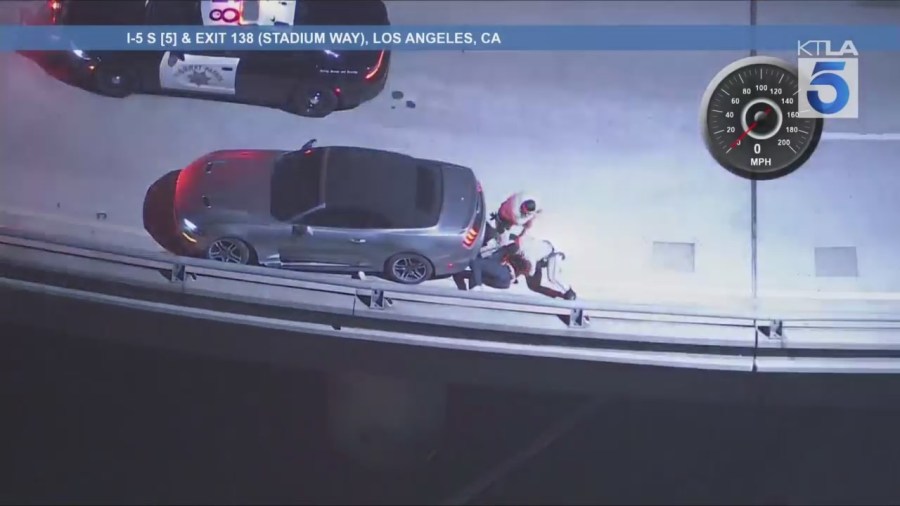 A suspect who led officers on a high-speed chase in a stolen car was arrested after crashing in Los Angeles on Aug. 15, 2025. (KTLA)