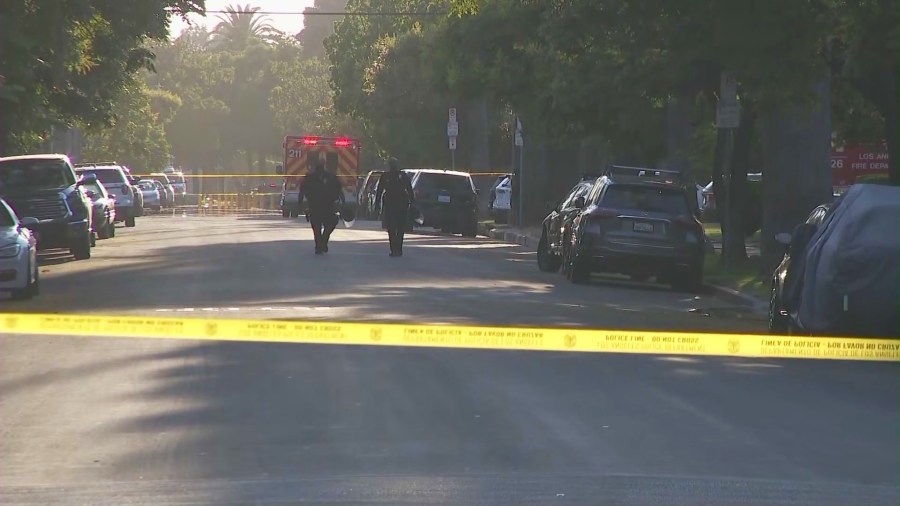 A suspect was taken into custody after an hours-long SWAT standoff following a deadly shooting in the Jefferson Park neighborhood of South Los Angeles on Aug. 23, 2025. (KTLA)