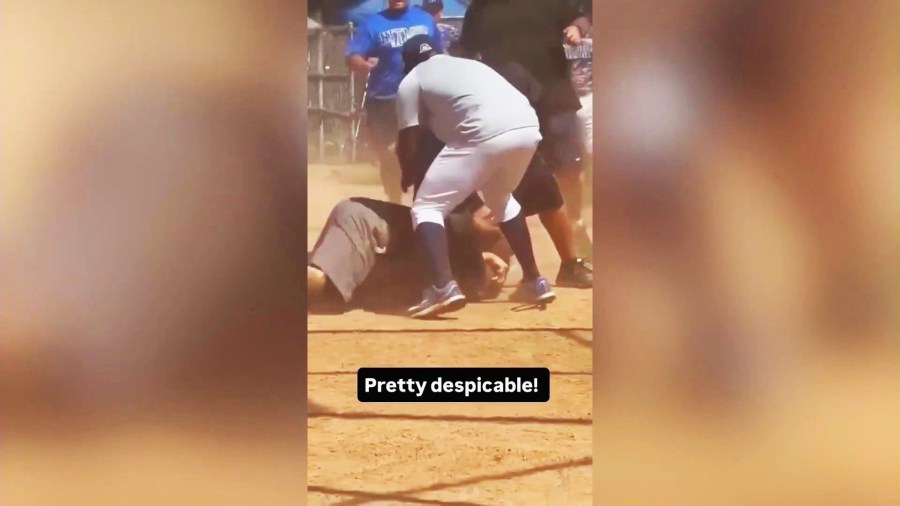 A violent brawl broke out between an umpire and an assistant coach during a youth baseball game in Rosemead as children and families were watching on Aug. 24, 2025. (@calif.movement)