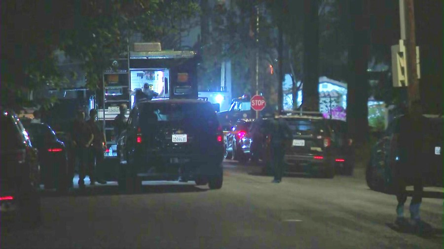 A suspect was taken into custody after an hours-long SWAT standoff following a deadly shooting in the Jefferson Park neighborhood of South Los Angeles on Aug. 23, 2025. (KTLA)