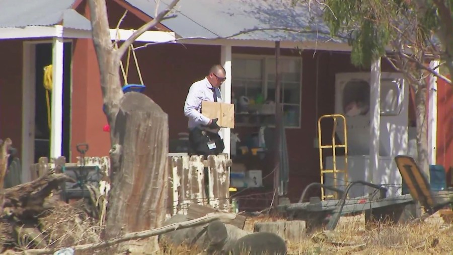 Authorities remove evidence as they investigate Jake and Rebecca's Cabazon home following the couple's arrest for murder on Aug. 22, 2025. (KTLA)