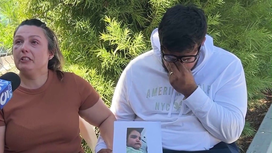 Rebecca and Jake Haro are pleading for the public's help as they search for their missing 7-month-old baby in Yucaipa. (KTLA)