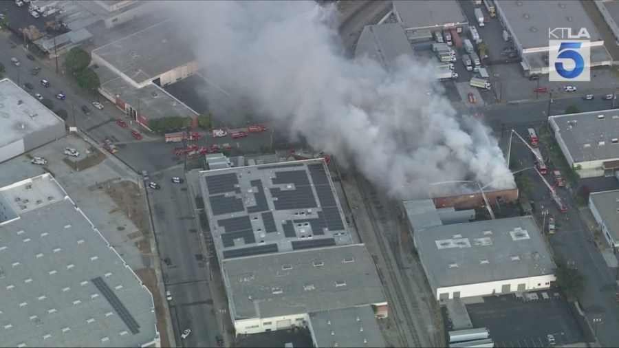 Crews battled a large fire at a commercial building that was reportedly filled with e-bikes in Commerce on Aug. 6, 2025. (KTLA)