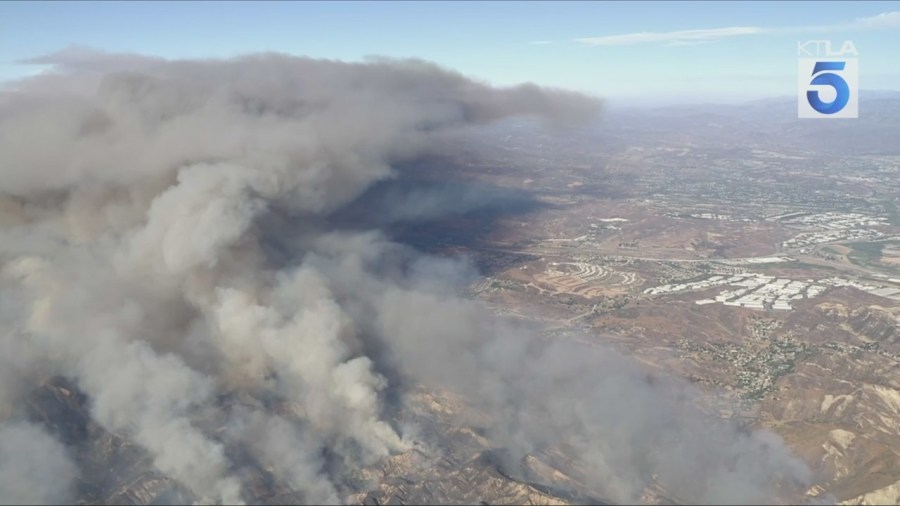 Evacuation orders were issued near Piru in Ventura County due to a fast-moving brush fire on Aug. 7, 2025. (KTLA)
