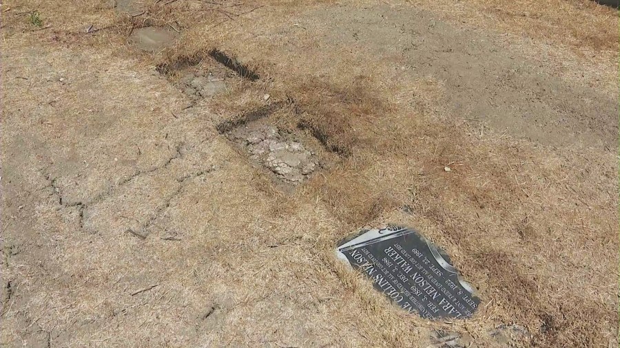 Empty spots where gravestones were stolen by thieves at Woodlawn Cemetery in Compton. (KTLA)