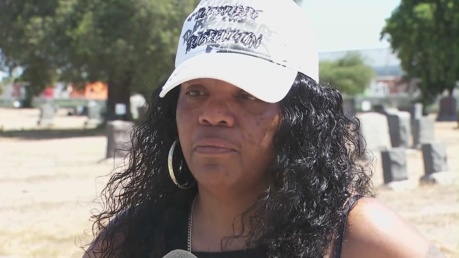 The cemetery’s owner, Celestina Bishop, said over the past two years, hundreds of headstones or plaques have been destroyed or stolen altogether. (KTLA)