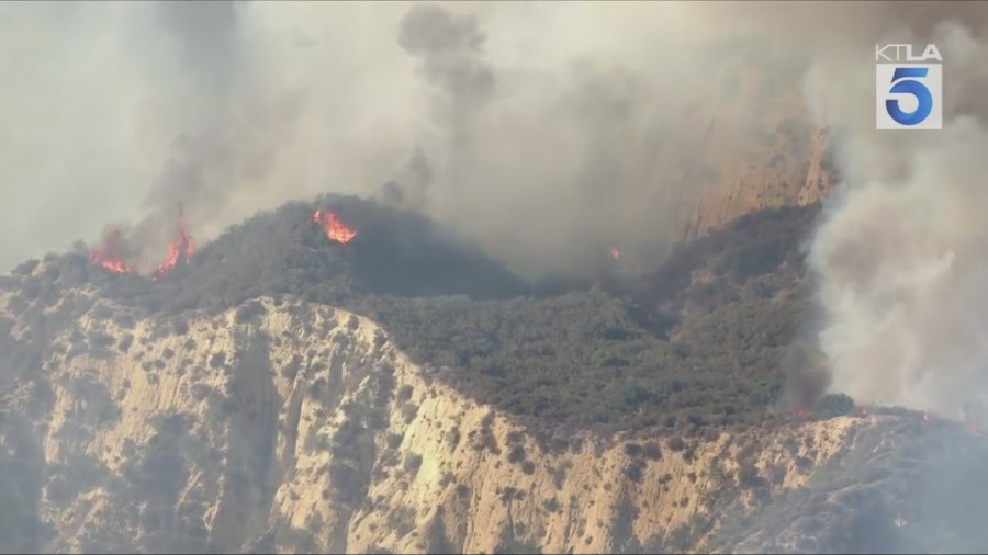 Evacuation orders were issued near Piru in Ventura County due to a fast-moving brush fire on Aug. 7, 2025. (KTLA)