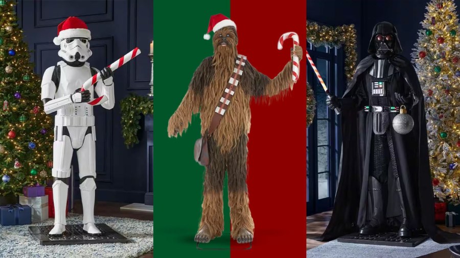 Home Depot/BestReviews illustration / Home Depot’s next viral holiday drop is a 7-foot 'talking' Chewbacca in a Santa hat