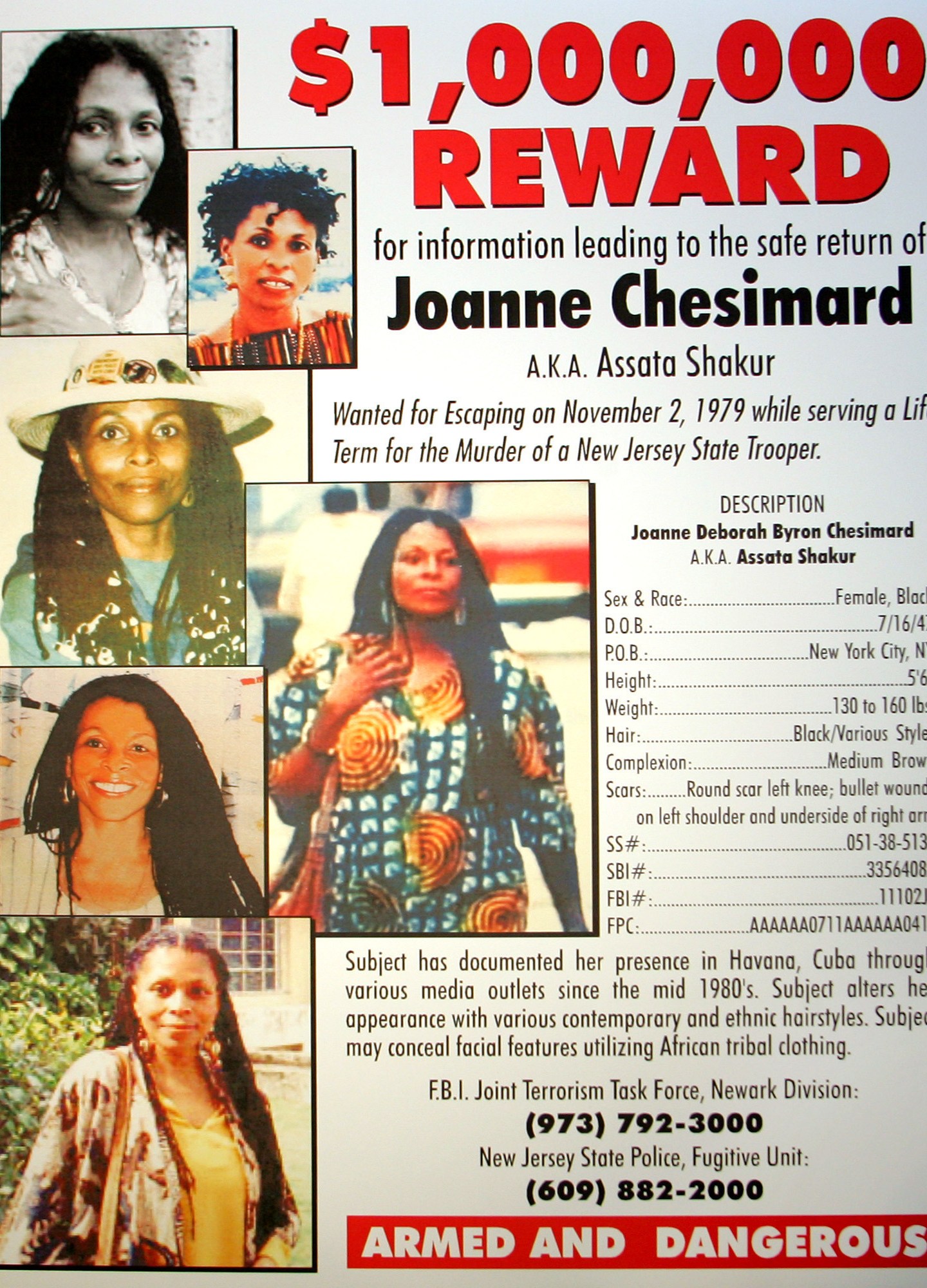 FILE - A reward poster announcing the federal bounty for the capture of convicted killer Joanne Chesimard, who used the name Assata Shakur, seen in West Trenton, N.J. on Monday, May 2, 2005. (AP Photo/File)