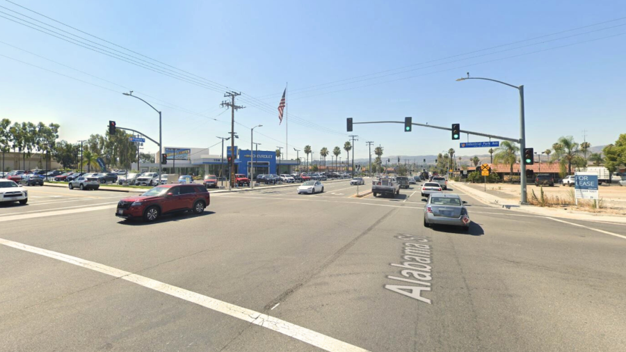 Police are searching for two hit-and-run drivers who struck and killed a woman who was walking near Alabama Street and Industrial Park Drive in Redlands on Sept. 17, 2025. (Google Maps)