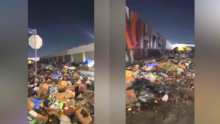 Streets near the Wholesale Produce District in downtown Los Angeles are often lined with rotting food and produce that was illegally dumped, an issue that locals say has been ongoing for years. (KTLA)