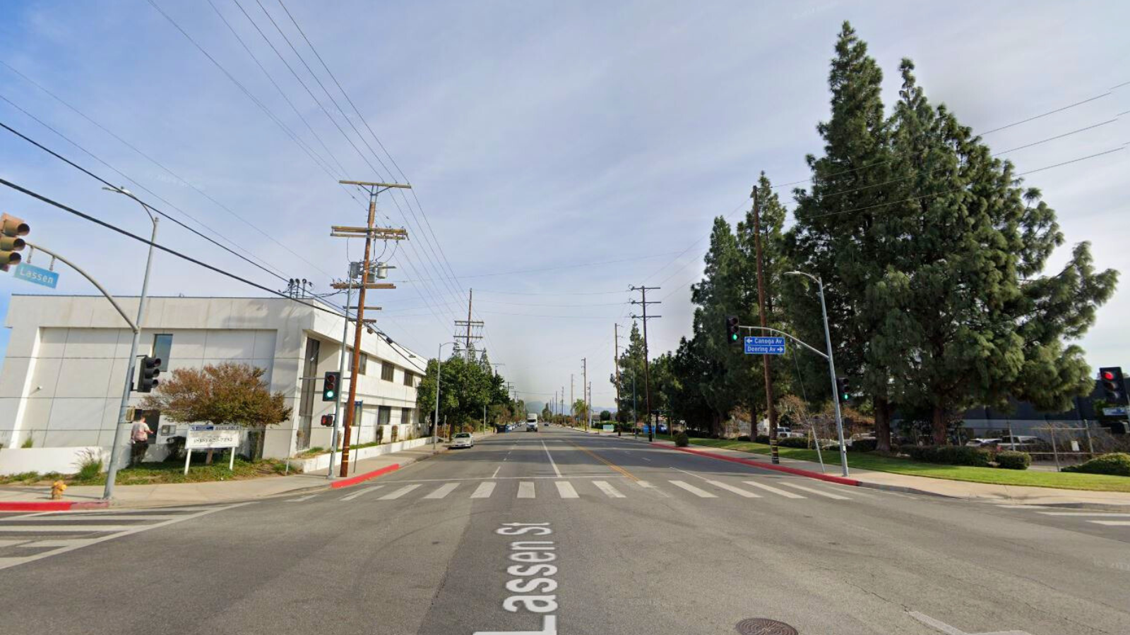Police are searching for a suspect driver who intentionally struck and killed a man near Lassen Street and Canoga Avenue in Chatsworth. (Google Maps)