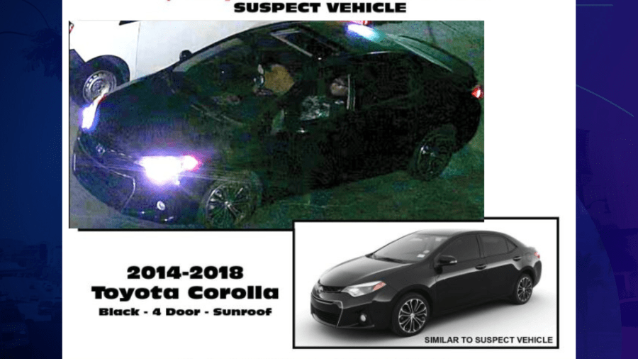 The suspect is described as a Hispanic man driving a black 2014-2018 Toyota sedan, possibly a Corolla. (Los Angeles County Sheriff’s Department)