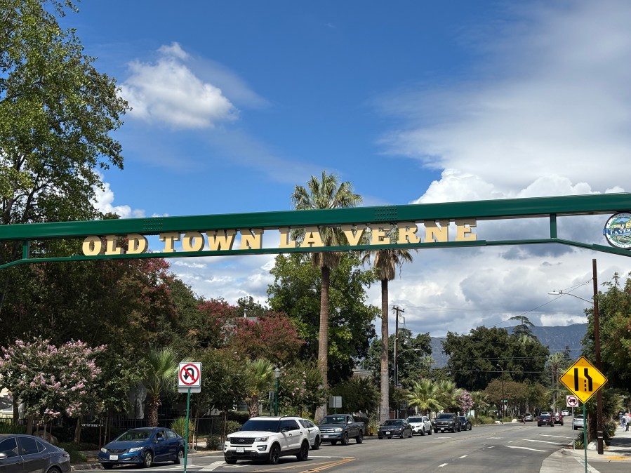 A sign for Old Town La Verne, located within walking distance of the new La Verne/Fairplex Station is seen on Sept. 19, 2025. (Travis Schlepp/KTLA)