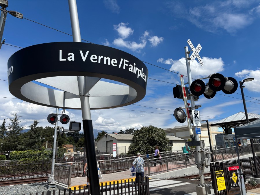 The new La Verne/Fairplex Metro Station pylon is seen on Sept. 19, 2025. (Travis Schlepp/KTLA)