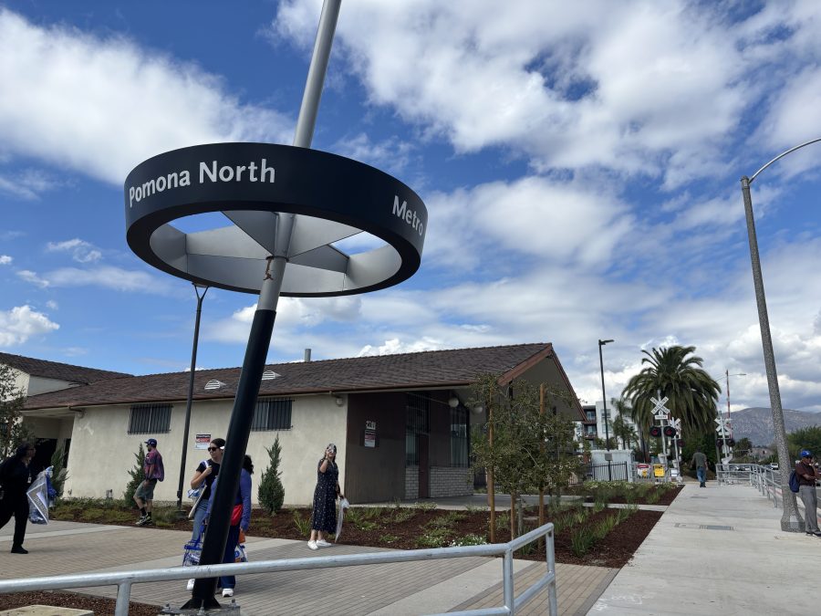 The Pomona North Metro Station pylon is seen at the new Metro A Line station on Sept. 19, 2025. (Travis Schlepp/KTLA)