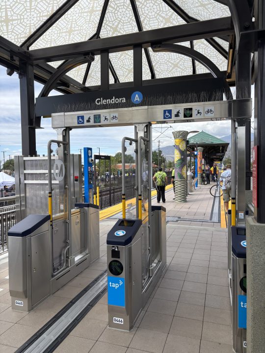 Upgraded faregates at the new Glendora Station along the Metro A Line is seen on Sept. 19, 2025. (Travis Schlepp/KTLA)