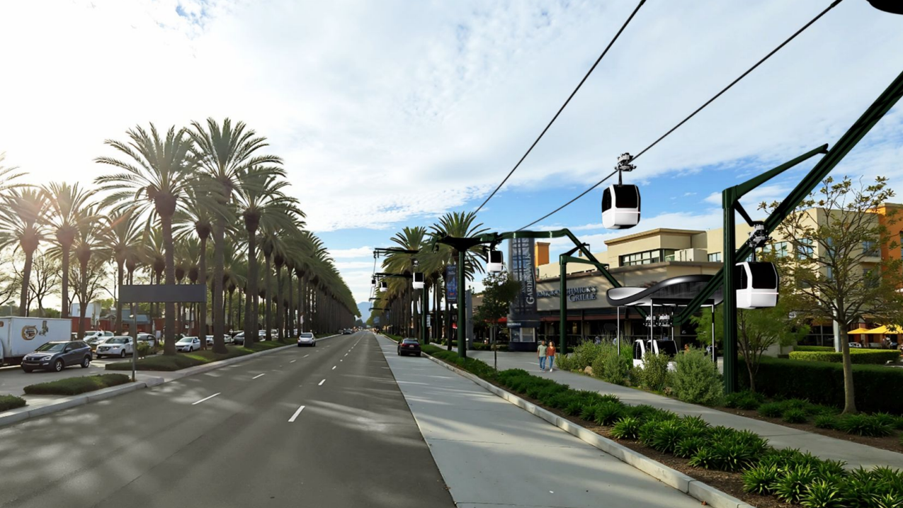 A rendering from Swyft Technologies shows a potential aerial gondola system in Anaheim that would connect the neighborhoods near the city's sports venues with the Disneyland Resort. (Swyft Technologies)
