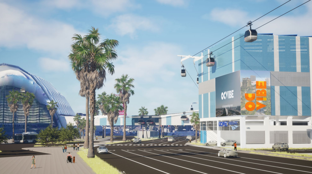 A rendering from Swyft Technologies shows a potential aerial gondola system in Anaheim that would connect the neighborhoods near the city's sports venues with the Disneyland Resort. (Swyft Technologies)