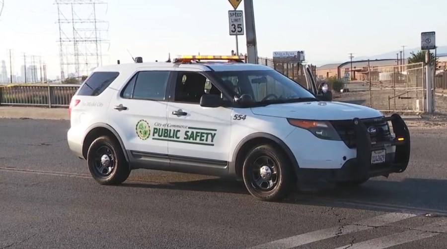 Authorities are searching for a suspect after a man was found shot to death in Commerce on Sept. 11, 2025. (KTLA)