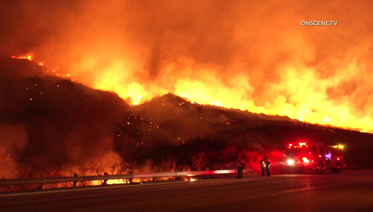 Evacuation orders were issued as a fast-moving brush fire burns in Jurupa Valley in Riverside County on Sept. 5, 2025. (OnScene.TV)