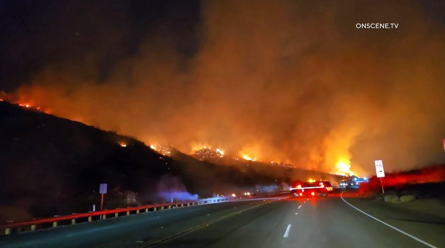 Evacuation orders were issued as a fast-moving brush fire burns in Jurupa Valley in Riverside County on Sept. 5, 2025. (OnScene.TV)