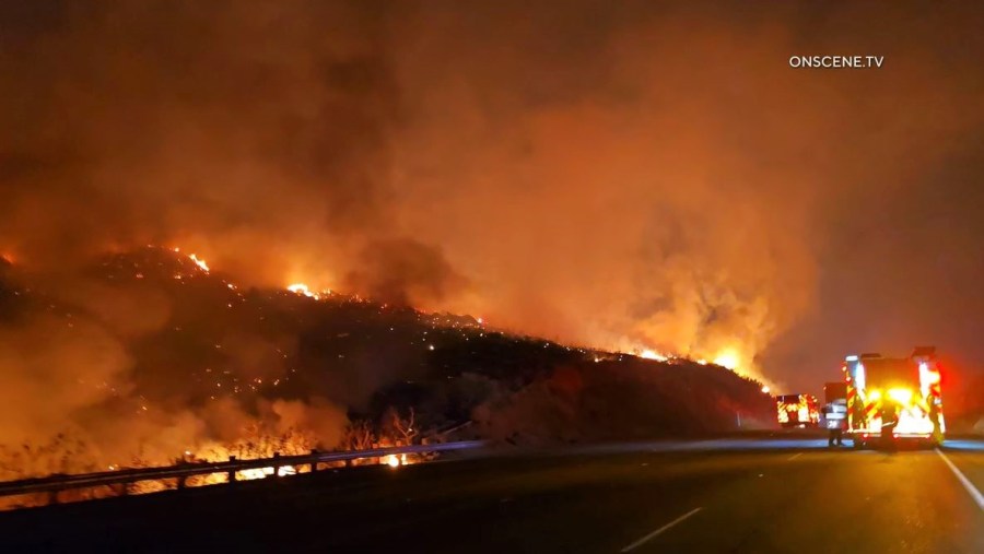 Evacuation orders were issued as a fast-moving brush fire burns in Jurupa Valley in Riverside County on Sept. 5, 2025. (OnScene.TV)