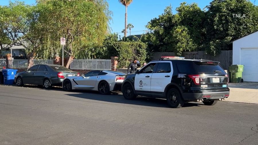 The suspects ditched a reportedly stolen Chevrolet Corvette in a Van Nuys neighborhood after a jewelry store robbery at a Sherman Oaks mall on Sept. 3, 2025. (TNLA)