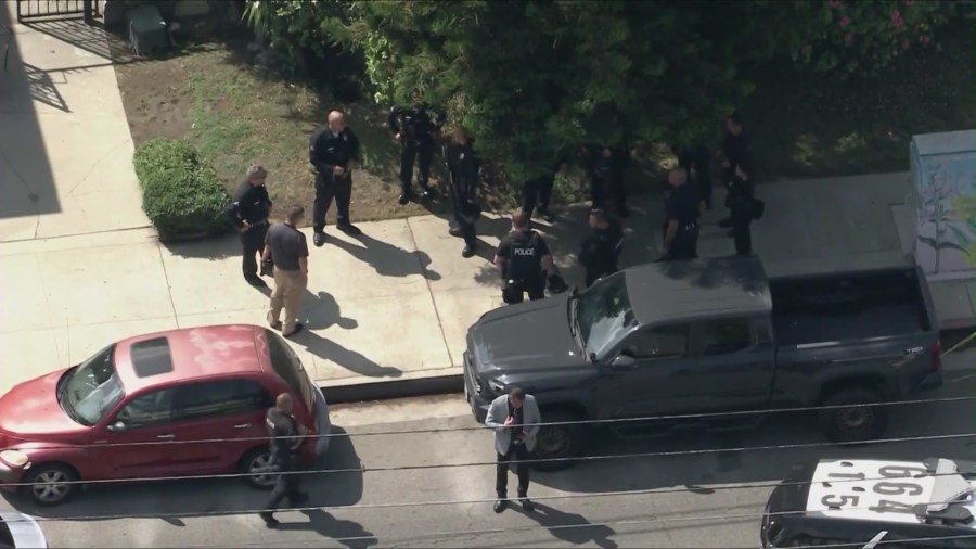 Los Angeles police officers respond for a report of a residential shooting in North Hollywood on Sept. 12, 2025. (KTLA)