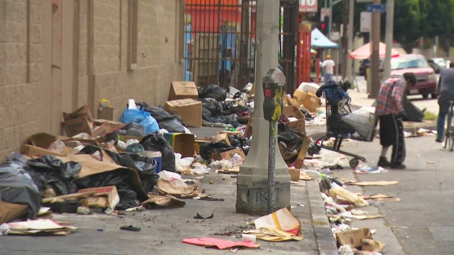 Several streets near the Wholesale Produce District in downtown Los Angeles are often lined with rotting food and produce that was illegally dumped, an issue that locals say has been ongoing for years. (KTLA)