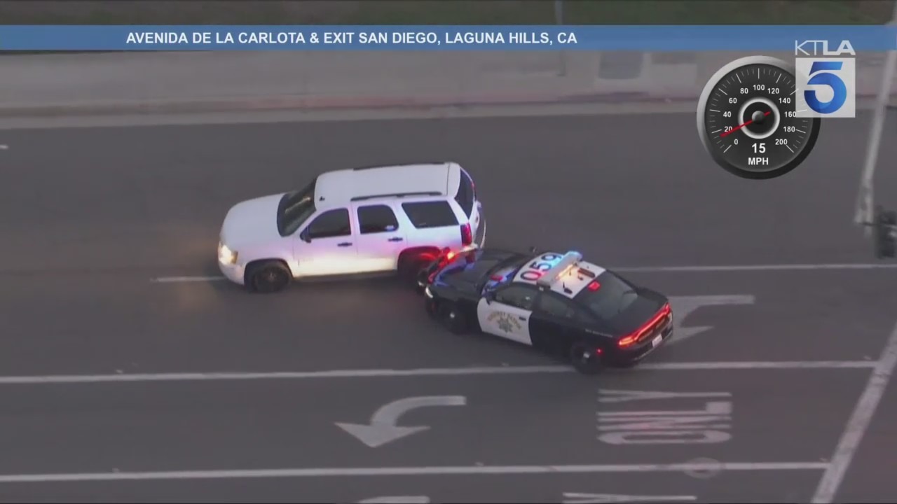 Deputies execute a successful PIT manuever on a carjacking suspect who led Los Angeles County sheriff's deputies in a high-speed chase through L.A. and Orange counties on Sept. 12, 2025. (KTLA)