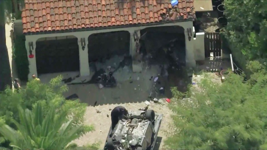 A driver who was fleeing police in a stolen vehicle was killed after crashing into a home in South Pasadena on Sept. 19, 2025. (KTLA)