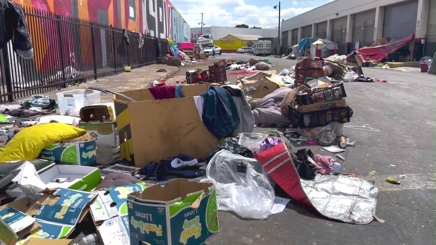 Other non-perishable objects have also been dumped in the area including furniture, clothing, crates, boxes and general debris. (KTLA)