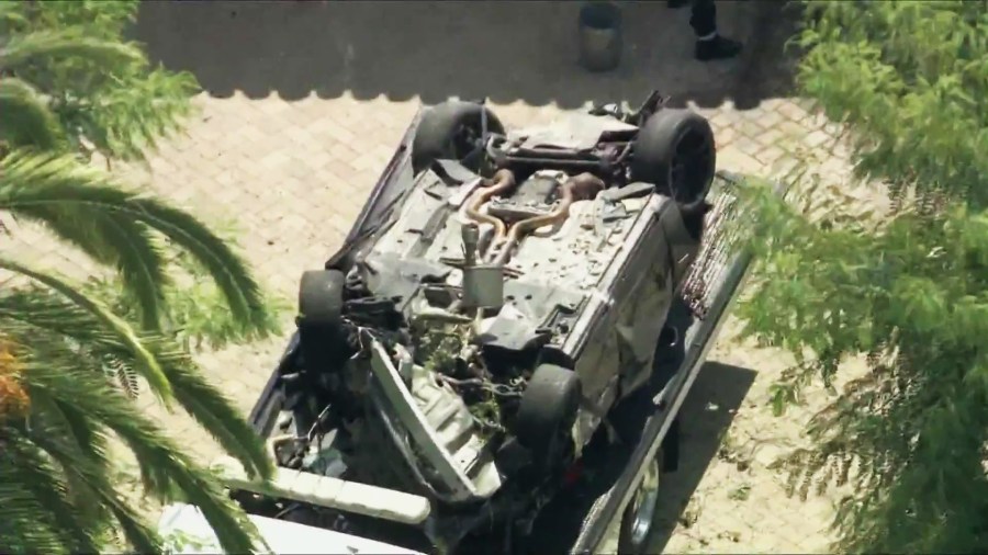 A driver who was fleeing police in a stolen vehicle was killed after crashing into a home in South Pasadena on Sept. 19, 2025. (KTLA)