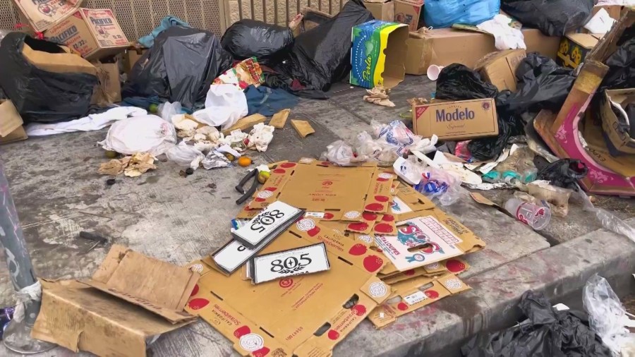 Other non-perishable objects have also been dumped in the area including furniture, clothing, crates, boxes and general debris. (KTLA)