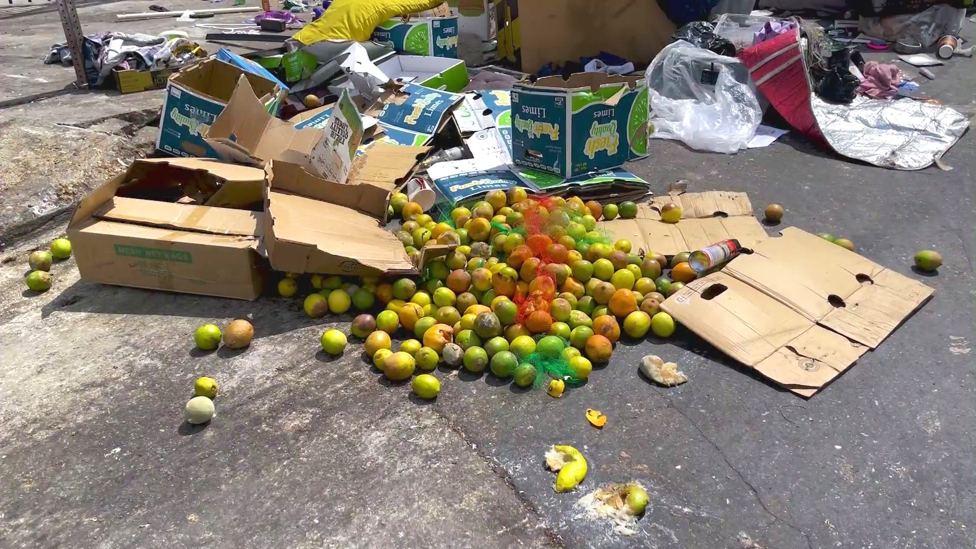 Several streets near the Wholesale Produce District in downtown Los Angeles are often lined with rotting food and produce that was illegally dumped, an issue that locals say has been ongoing for years. (KTLA)