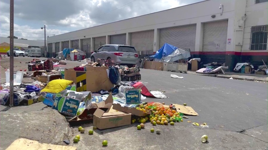 Streets near the Wholesale Produce District in downtown Los Angeles are often lined with rotting food and produce that was illegally dumped, an issue that locals say has been ongoing for years. (KTLA)